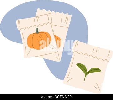 Farmer or gardener seeds in packs for vegetable and fruit harvest, vector icon. Farm plants seedlings in sachets for agriculture vegetable and fruit planting, garden or agrarian farming harvest Stock Vector