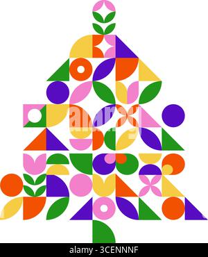 Christmas geometric abstract pine tree composed of colorful abstract shapes like circles, triangles and leaves. Isolated vector spruce evoking seasonal festive spirit of Xmas and New Year holidays Stock Vector