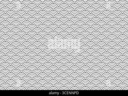 Black and white Japanese Seigaiha pattern in a repeating geometric layout, ideal for cultural, minimal, or decorative use. Clean vector background with curved wave-like lines in a classic oriental style, great for wrapping, branding, and wallpapers. Stock Vector