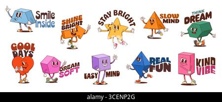 Cartoon math shape characters y2k hippie groovy stickers. Playful vector set of colorful geometric figures paired with motivational phrases, promoting positivity, mindfulness and fun educational vibes Stock Vector