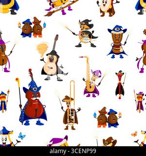 Halloween mages and wizard musical instruments seamless pattern. Vector background of cartoon Halloween holiday magician characters, funny wizard saxophone, drum, guitar and violin seamless pattern Stock Vector