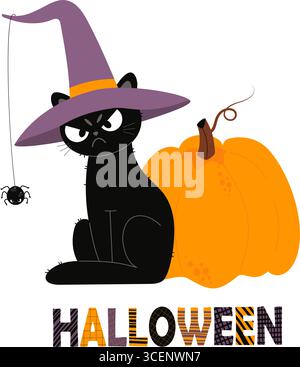 Angry Sad Black Cat Halloween In Witch Hat With spider and Orange Pumpkin. Autumn holiday Funny Pet character. Vector illustration in flat style. Not Stock Vector