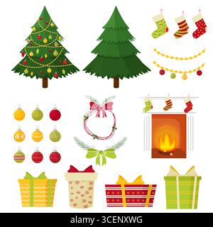 Set Christmas trees, decorations, presents, balls for pine tree, holiday socks, fireplace isolated on white background. Bright clipart, design elements for new year celebration. Vector illustration Stock Vector