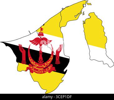 Brunei Map with National Flag – Vector Illustration of Country Outline and Symbol for Geography, Travel, and Education Stock Vector