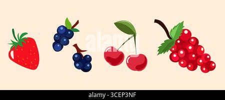 Vibrant illustration features a collection of fruits, showcasing a ripe strawberry, clusters of blueberries, bright red cherries, and juicy grapes Stock Vector