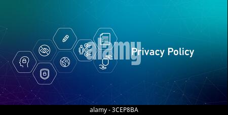 Privacy Policy header image outline icons related to security and user data protection explaining a company commitment to confidentiality digital law Stock Vector