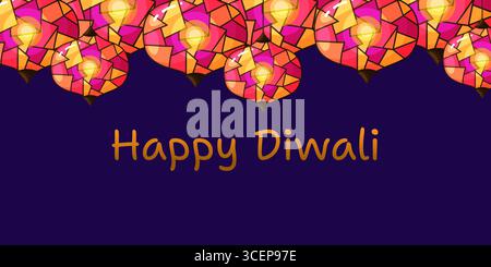 Artistic greeting card with glowing mosaic lanterns on a deep blue background and text Happy Diwali. The bright and festive design highlights cultural Stock Vector