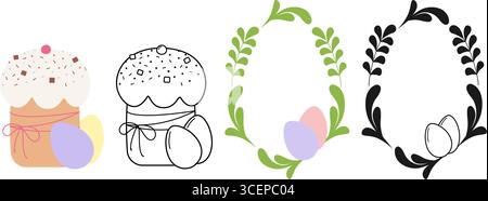Easter cake and Eggs and Twigs and Easter Eggs like Oval Frame Copy space Template Color and Outline. Isolated Vector illustration Sticker Icon Easter Related content or Greeting Cards, leaflets, tags Stock Vector
