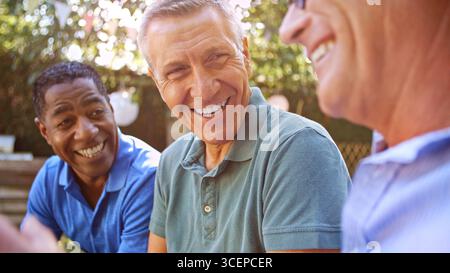 Close Up Of Smiling Mature Male Friends Socializing In Backyard Together Stock Photo