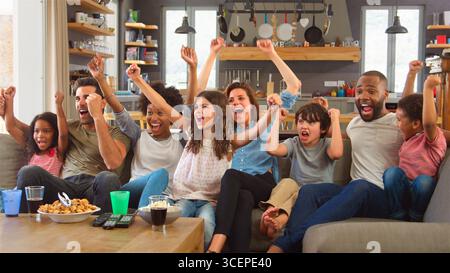 Two Families Watching Sports On Television And Cheering Stock Photo