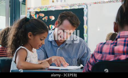 High School Teacher Helping Female Pupil At Desk In Class Stock Photo