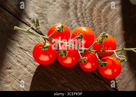 A bunch of vine tomatoes over a wooden board. Still life Stock Photo