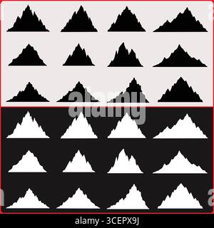 A set of mountain silhouettes in black and white arranged in a grid pattern with a red border Stock Vector