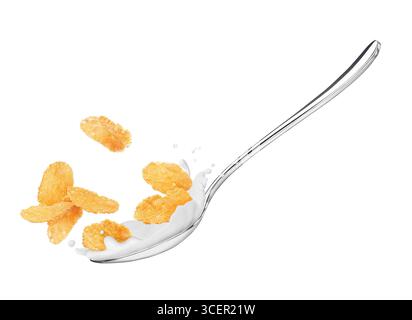 Corn flakes in a spoon with milk close-up, isolated on white background Stock Photo
