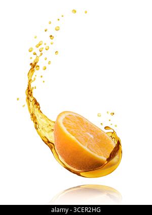 Slice of orange with splashes of juice isolated on white background Stock Photo