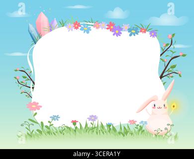 Vector frame with pink bunny and crystals over grass Stock Vector