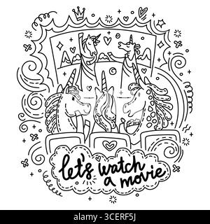 Funny unicorns watching a movie. Humor character and lettering in doodle style. Hand drawn vector isolated illustration. For stickers, design cushion, Stock Vector