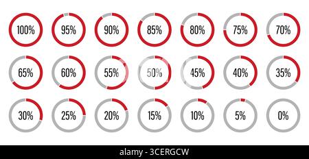 Percentage infographics elements set. Red, black and grey color fill divided pie charts indicator layout. Round diagrams icons for infographics from 0 Stock Vector