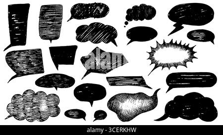 Speech bubbles set. Different talk clouds shapes in vintage style with grunge texture. Paint brush drawn by hand, liner and coal. Anime and cartoon  Stock Vector