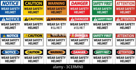 A collection of safety signs emphasizing the importance of wearing helmets in various work environments. Promotes compliance and workplace safety awar Stock Vector