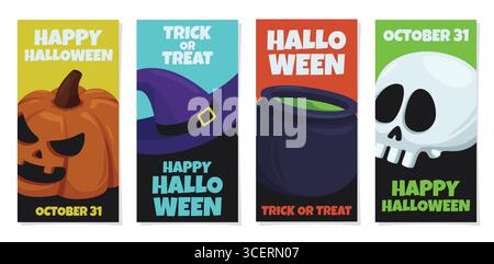 Halloween vertical banner bundles in flat design with pumpkins, ghosts, hats, cauldron, and skulls ideal for seasonal sales, event promos, and parties Stock Vector