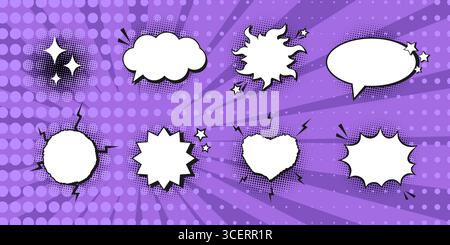 Empty comic speech bubbles decorated with black halftone shadow on pop art background. Different shapes and elements. Vector illustration Stock Vector