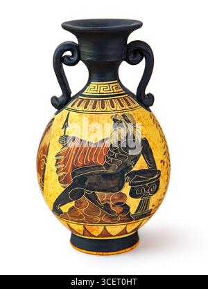 Ceramic ancient greek vase with two handles and painted image of sitting zeus holding spear, isolated on white background Stock Photo