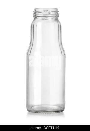 Open empty glass bottle with narrow neck standing on white background, ideal for juice or smoothie Stock Photo