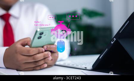 Artificial intelligence, digital communication, modern customer support and technology integration. Close-up of business person using smartphone with Stock Photo