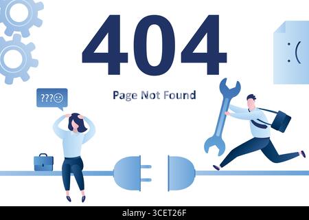 404 error,page not found landing page template. Sad female busnesswoman and running male programmer with wrench. Funny tiny people. No connection. Web Stock Vector