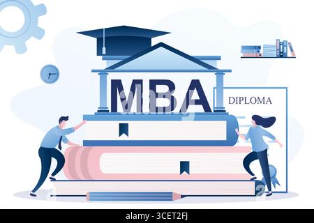 Education process concept background. Pile of textbooks,diploma and students climb books to MBA degree. University or academy, big  graduate hat on ro Stock Vector