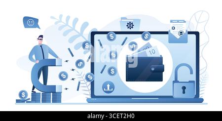 Data phishing concept. Online scam, malware and password phishing. Laptop with e-wallet and hacker with big magnet attack computer. Theft of money fro Stock Vector