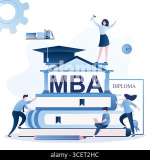Group of various students, Skills Improvement, Online Education concept. Diploma of MBA degree. Pile of books,diploma and businesspeople. University o Stock Vector