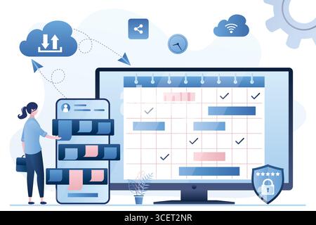 Schedule, Planner app with memo stickers. Entrepreneurship, online work planning. Data synchronization on different smart gadgets, cloud technologies. Stock Vector