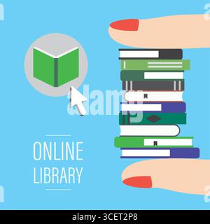 Online library landing page template. Fingers holding pile of various books. Reader app or webpage. Education and knowledge concept. Modern technology Stock Vector