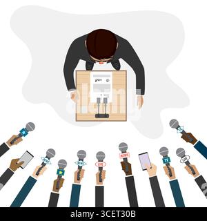 Businessman speaks at a press conference. Hands of various journalists hold microphones. Press release. Cartoon male politician character. Design isol Stock Vector
