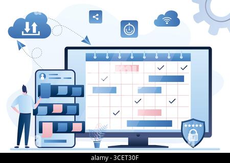 Schedule, Planner app with memo stickers. Entrepreneurship, online work planning. Data synchronization on different smart gadgets, cloud technologies. Stock Vector