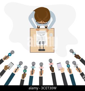 Businesswoman speaks at a press conference. Hands of different journalists hold microphones. Press release. Cartoon woman politician character. Design Stock Vector