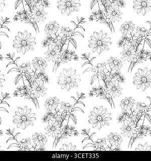 Calming tea herbs seamless pattern hand drawn in ink. Graphic background with chamomile, linden,mint Stock Vector