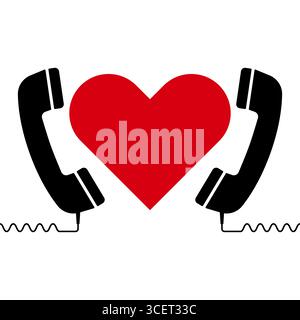 Red Heart and Retro Telephone Handsets Illustration. Two black retro telephone handsets facing each other with a bold red heart placed between them. Stock Vector