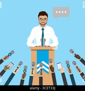 Handsome businessman speaks at a press conference. Hands of different journalists hold microphones. Press release. Cartoon man politician, human chara Stock Vector