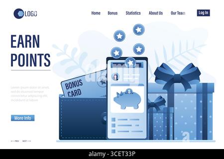 Earn Points landing page template. Smartphone with reward program app. Loyalty, bonus card in wallet. Prizes,gifts and cashback for clients. Receive a Stock Vector