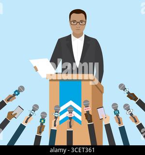 Businessman speaks at a press conference. Hands of different journalists hold microphones. Press release. Cartoon man politician character. Design iso Stock Vector