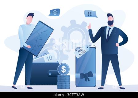 Handsome man holds a broken phone in hands, male seller offers to buy a new modern smartphone. Dialogue between buyer and selesman. Store with new mod Stock Vector