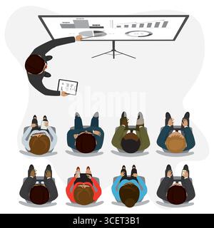 Cartoon businessman speaks at a presentation, audience is sitting. Board with signs. Top view, business process. Various humans characters and teacher Stock Vector