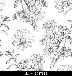 Calming tea herbs seamless pattern hand drawn in ink. Graphic background with chamomile, linden,mint Stock Vector