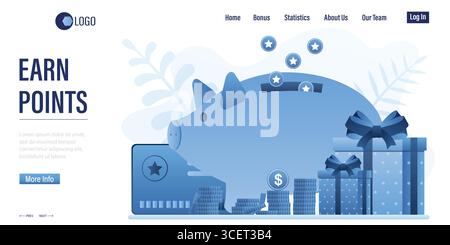 Earn points landing page template. Piggy bank,gift boxes and bonus card. Loyalty, bonus program with prizes and cashback for clients. Reward retail sy Stock Vector