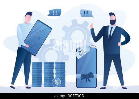 Handsome man holds a broken phone in hands, male seller offers to buy a new modern smartphone. Dialogue between buyer and selesman. Store with new mod Stock Vector