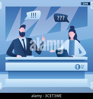 Talk show on tv. Journalist and guest talking in modern television studio. Two business characters on tv workplace. Interview, media entertainment. Tr Stock Vector