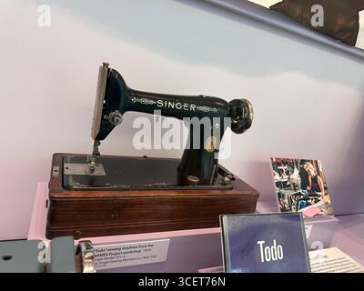 Singer Model 101 vintage sewing machine displayed in museum exhibit, USA. Stock Photo